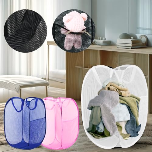Image of Pop Up Laundry Hamper, Mesh Laundry Basket Collapsible, Foldable Hamper for Travel and Storage, 3 Pack (White+Pink+Blue)
