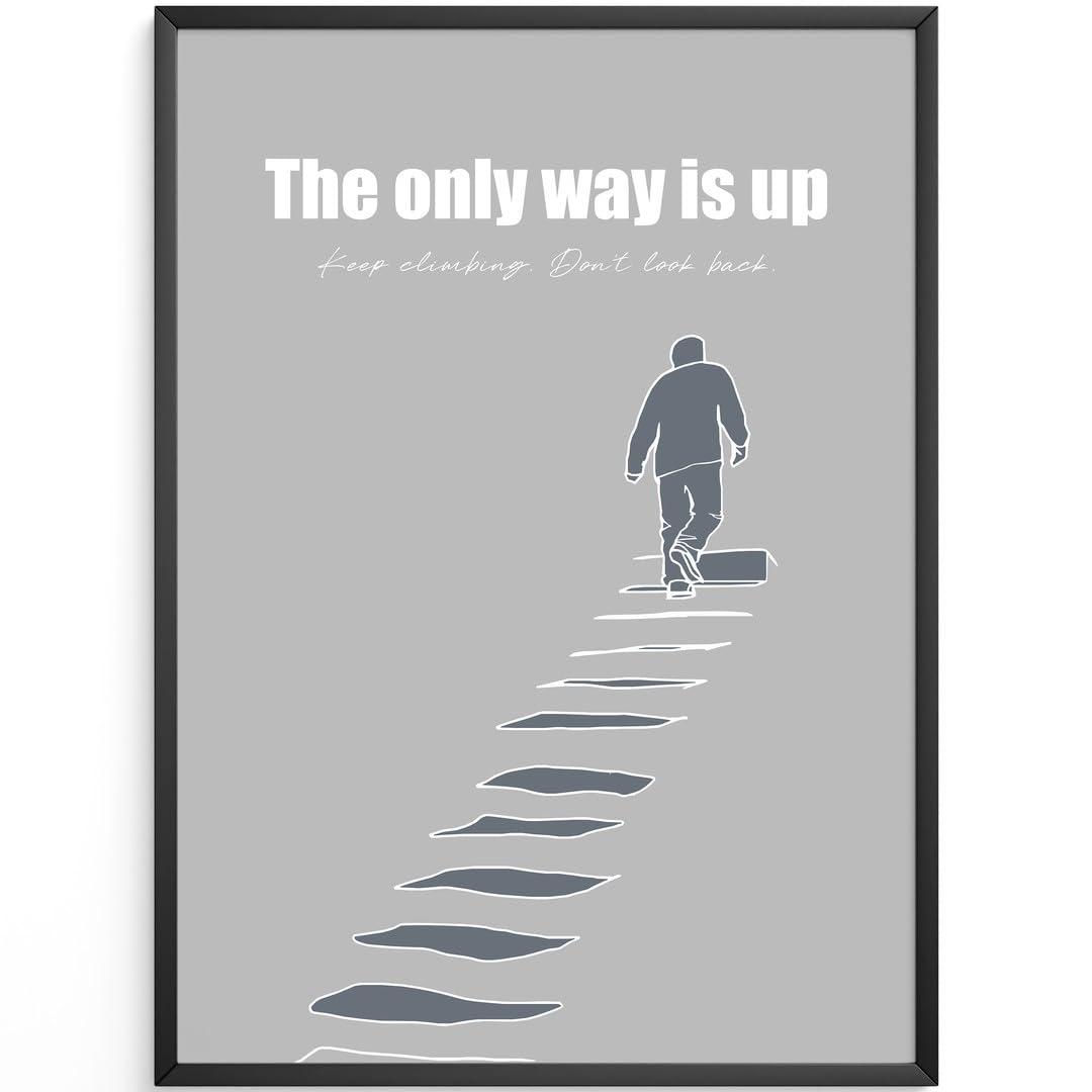 MJ-GRAPHICS® Motivierend Poster Aufstieg Wandbild minimalistisch Stil Grau modern Wohnzimmer DekoInspirierend Kunstdruck Treppe Büro Wanddeko zielstrebig Bilder A2 mit beigem Rahmen