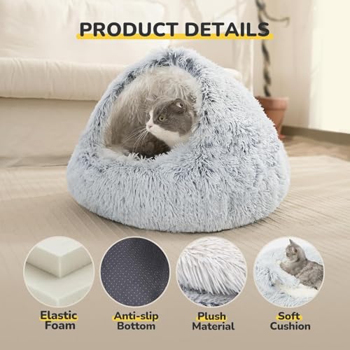 Cat Bed, Plush Hooded Cat Beds for Indoor Cats, Calming Cat Nest, Self Warming Cat Bed Cave, Cozy Cat Pod for Indoor Cat or Small Dog, Washable Cat Cove with Non-Slip Bottom(Gray, 19.7inch) - Image 3