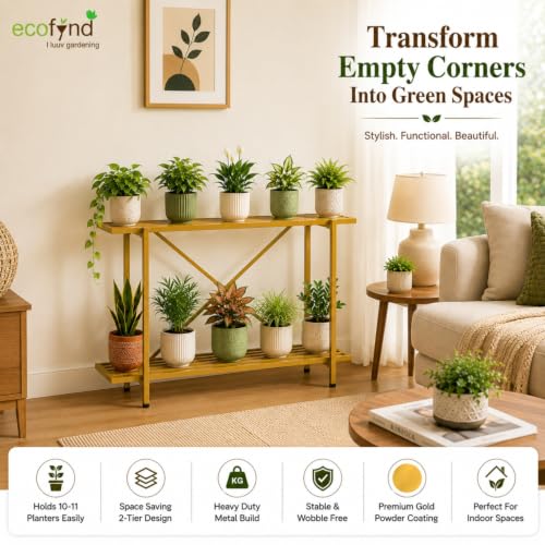 Image of ecofynd Adam Plant Stands for Outdoor Balcony, Flower Pot Stand for Indoor Plants, Large Metal Planter Stand for Living Room, home decor, Indoor & Outdoor plants, 2 Tier (35 Inch, PS029-GO)