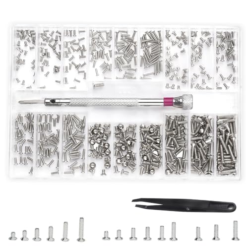 500 Stück Kleine Schrauben Set M1.2 M1.4 M2 Schrauben Sortiment Kit 18 Größen PC Schrauben Set Brillenschrauben Set mit Schraubendreher Pinzette Mini Schrauben zur Uhren Brillen Computer
