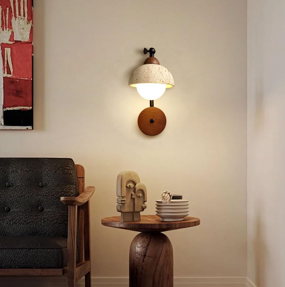 Natural Travertine Wall Sconce, Wabi Sabi Wall Light Fixture with Adjustable Stone Dome Lampshade Wooden Base and Curved Arm, Modern Marble Wall Sconce for Bedroom Living Room Kitchen Island