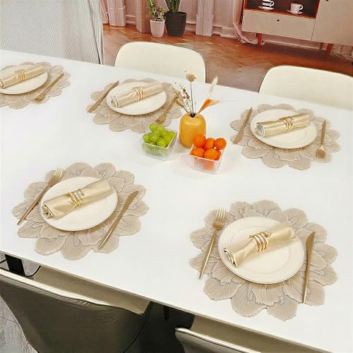 Image of Yellow Weaves 1 Pc PVC Round Table Placemat, Dining Table Mat, Stain Resistant, Anti-Skid, Waterproof, Washable, Dining, Kitchen, Restaurant Table Set Easy to Clean, Durable (Bloom Golden)
