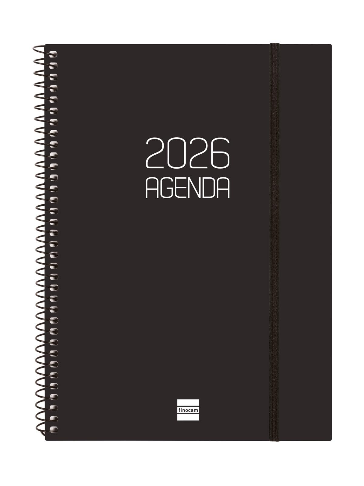 Finocam Spiral Diary 2026 Week on 2 Pages Horizontal Layout | January - December | 2026 Year Diary with Elastic | Opaque Spiral Polypropylene Cover – Black – French