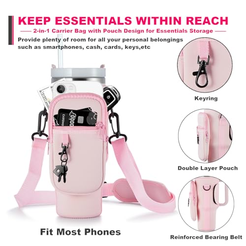 Image of 30oz Water Bottle Carrier Bag with Phone Pocket for Pink Stanley 30 oz Tumbler with Handle, Neoprene Water Cup Holder Pouch with Strap for Valentines Stanley Cup Accessories