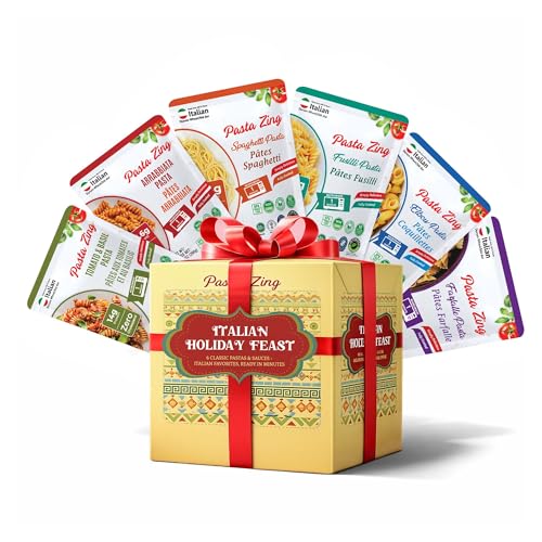Pasta Zing Italian Holiday Feast Gift Box – Fully Cooked Pasta Variety Pack (6 Pack), Microwave-Ready in 1 Minute | Unflavored Pasta for Holiday Gifting &amp; Hosting | 100% Durum Wheat