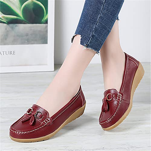 Image of Women Loafers Leather Rubber Sole Slip On Walking Flats Casual Moccasin Boat Shoes