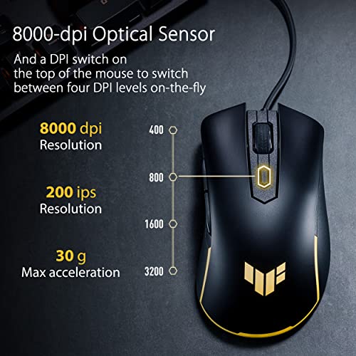 TUF Gaming M3 Gen II Mouse da gioco, cablato, 59 g leggero, IP56 resistenza alla polvere e all'acqua, protezione antibatterica, sensore ottico 8K DPI, 6 pulsanti programmabili, piedini per mouse - Mouse gaming - Immagine 6