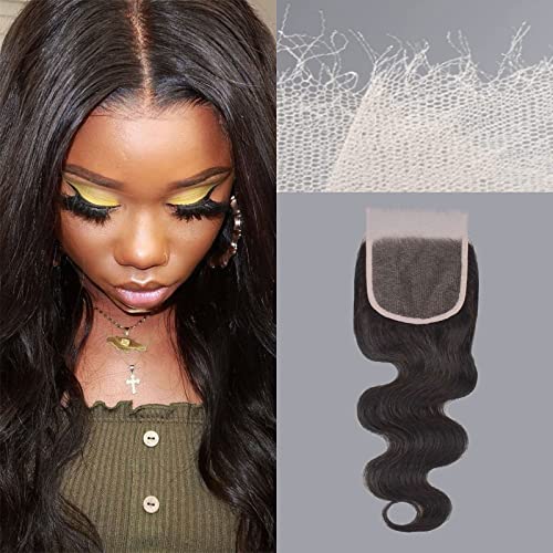 FalaFala 4x4 Real HD Lace Closure Skinlike Human Hair Body Wave Free Part Swiss Lace Pre Plucked Baby Hair Ultra Thin Invisible Brazilian Hair Natural Hairline Front Closures 14 Inch