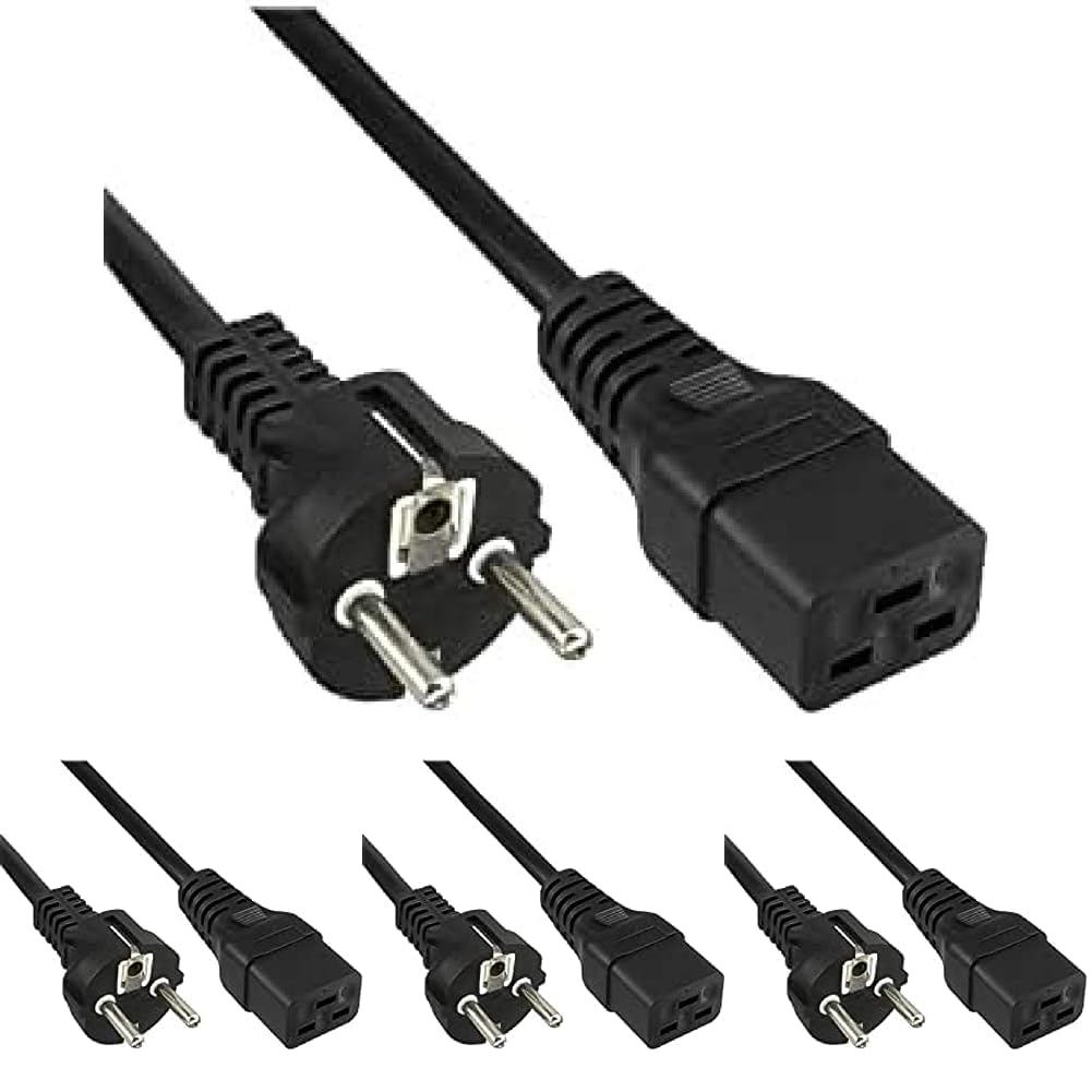 PremiumCord Netzkabel 230V 1,5m, Stromkabel mit Schutzkontakt auf Kaltgerätebuchse C19, IEC 320, PC Netzkabel 3 Polig, 16A, Farbe schwarz (Packung mit 4)