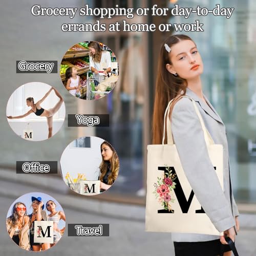 Tarklanda Personalisierte Baumwolltasche Initial Canvas Tote Bags, Tragetasche mit Buchstaben, Initialen Einkaufstaschen Kosmetiktasche Geschenk für Frauen Mama Kollegin zum Geburtstag, Muttertag (M)