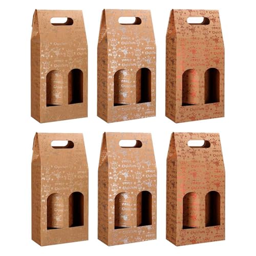 AC - Pack de 6 Cajas Plegables de cartón para 2 Botellas de Vino, Incluyen Ventanas y asa, Regalar, Envolver champán, Navidad (Merry Christmas - 38,5 x 18 x 8,3 cm - Colores Aleatorios)
