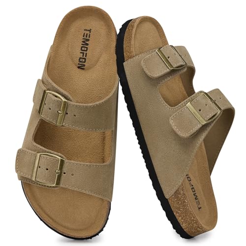 TEMOFON Women Cork Footbed Sandals Comfortable Leather Khaki Slide Size 9