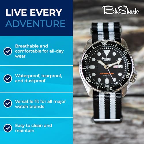 Image of BluShark - Original Collection Military-Style Waterproof Watch Strap, Fits All Timepiece Brands, Durable Nylon Wristwatch Accessories with Stainless Steel Buckle - 18mm, 20mm, 22mm & 24mm Watch Bands