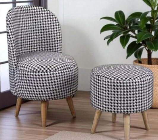 Image of Ottoman for Living Room, Velvet Round Foot Rest Stool, Wooden Legs Chair for Sitting, Ottoman for Bedroom & Makeup Room Decor | Chair (18 inchx18 inchx32 inch), Puffy (16 inchx16 inchx17 inch) | (Black Stars)