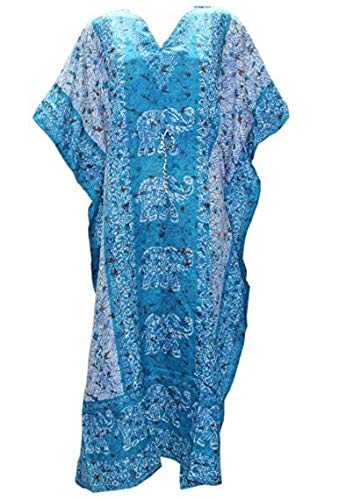 Womens Dress Elephant Long Kaftan Kimono Maxi Style Dresses Women Elephant Plus Size Cover up Casual Print nightydress Womens Summer Holiday Beach Kaftan Dresses for Women Elephant Teal Blue