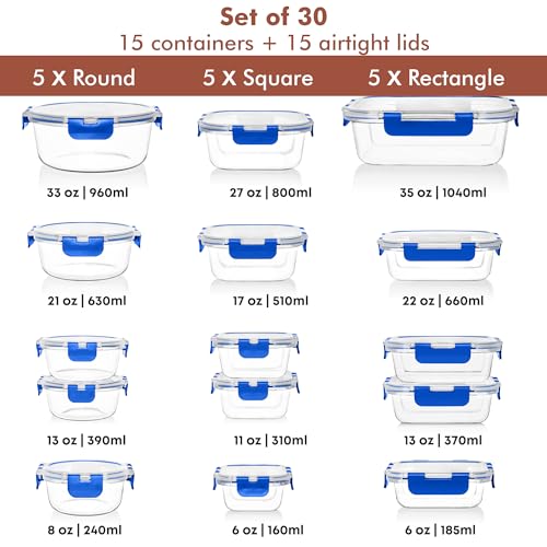 Image of Razab 30 PC Glass Food Storage Containers with Lids - Reusable Glass Meal Prep Containers for Lunch and Leftovers - Airtight & Leakproof Snap Locking Lids - Oven, Freezer, Microwave, Dishwasher Safe