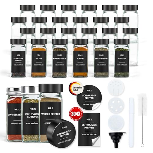 Gewürzgläser Eckig mit Etiketten Set 24er: Kleine Gewürzdosen Glas 120ml mit Streueinsatz...