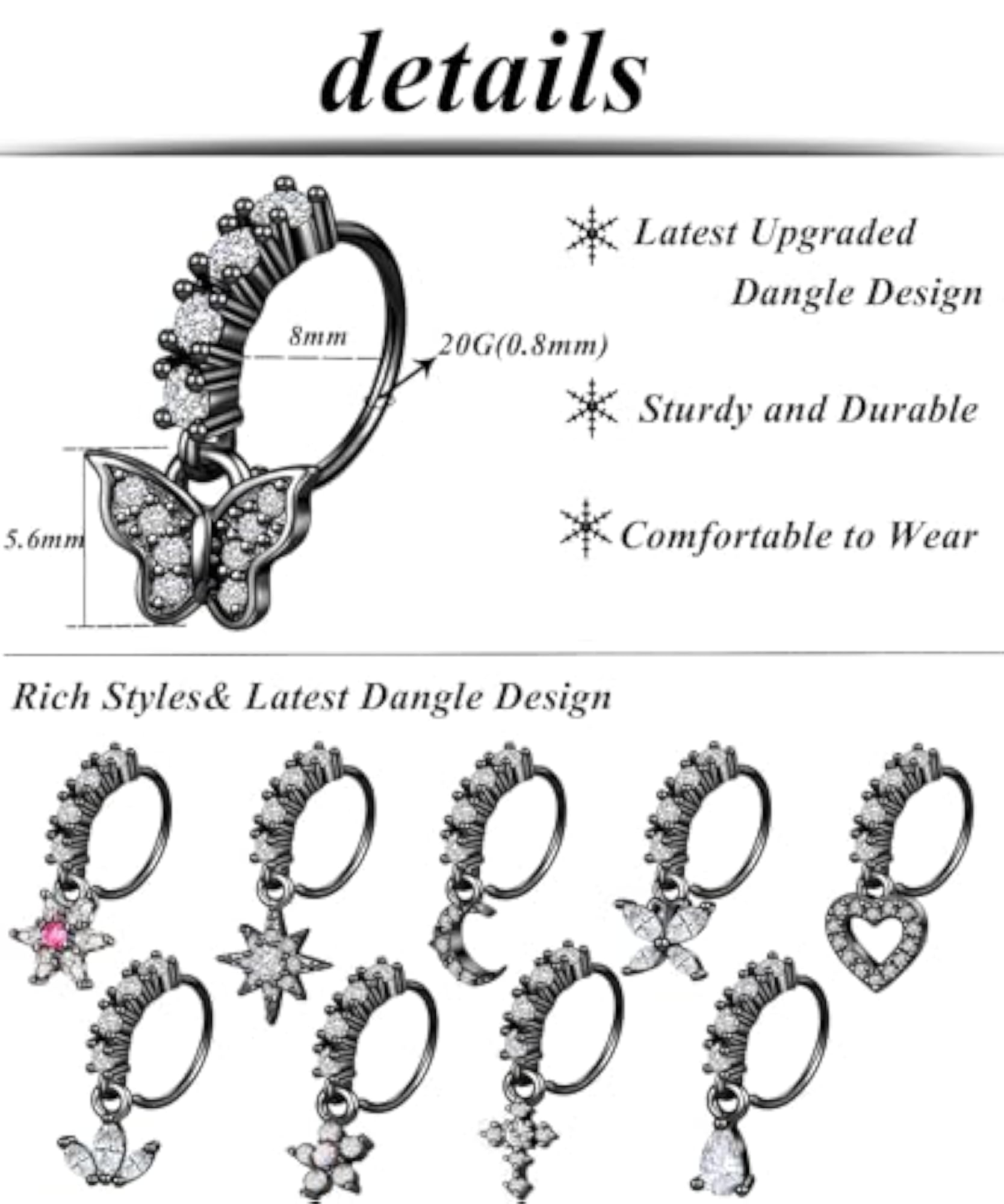 10pcs Dangle Nose Rings with Butterfly & Heart Designs