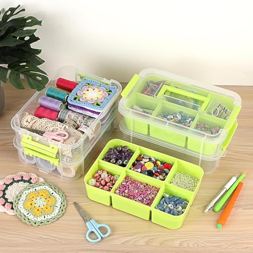 Image of plastic boxes for Storage transparent boxes for storage, Portable & Stackable Space Saving Organiser with Lid for Medicine, Jewelry, Arts & Crafts, Buttons, Beads (Green, 4 TIER WITH 2 TRAY)