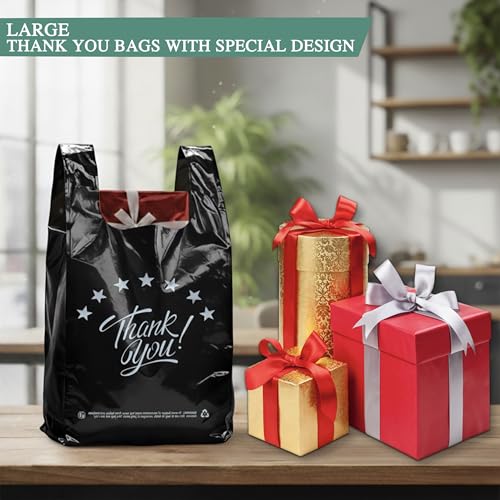 Image of YoYoRain 1000 Count Black inchThank You inch T-Shirt Bags - Reusable & Disposable Grocery & Supermarket Carry Bags, 11 inchx6 inchx21 inch
