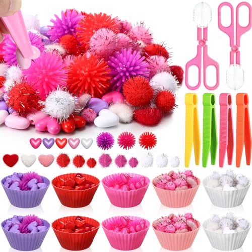 Silipull 752 Pcs Valentine Fine Motor Skills Sensory Bin Filler Includes 100 Heart Acrylic Gems 618 Pom Pom 18 Hedge Balls 4 Tweezers 2 Scissors Clips 10 Sorting Bowls for Boys Girls Sorting Counting