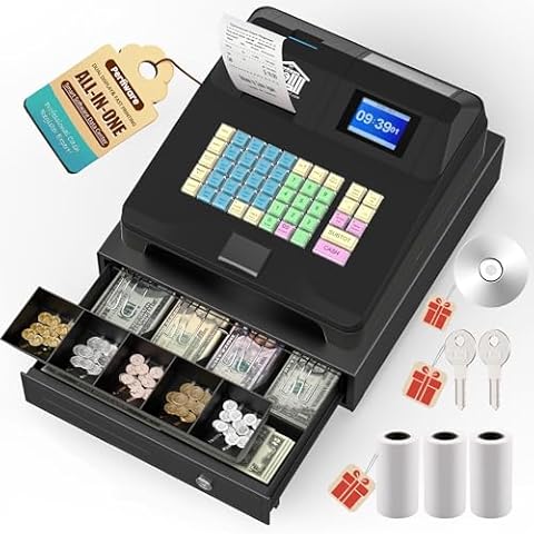 Perfiware Cash Register with Checkport Cash Drawer and Fast Receipt Printer,New Cash Registers for Small Businesses with Dual Display,Oil-Proof Keyboard Caja Registradora for Mall Cover