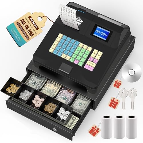 Perfiware Cash Register with Checkport Cash Drawer and Speed Receipt Printer,Newest Cash Registers for Small Businesses with Clear Dual Display,Oil-Proof Keyboard Caja Registradora for Store