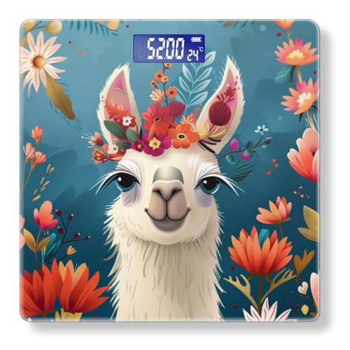 Digital Scale for Body Weight Highly Precision Bathroom Weight Scale 400 lbs with Backlit Display Personalized Scale for Home-Cute Smiling Llama with Colorful Flowers On Head