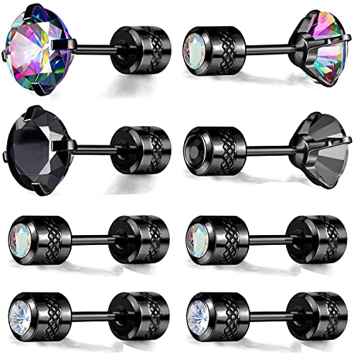 Pack Of Titanium Screw Back Earrings Faux Diamond Studs For Women Men 20G Black Gold Plated Surgical Stainless Steel Rainbow Black Cubic Zirconia Hypoallergenic For Sensitive Ear Barbell Helix Piercing Post #TOP21