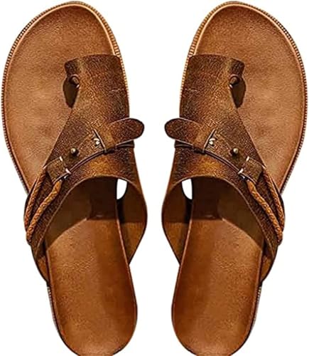 Mujeres Juanetes Corrección Sandalias Verano Bohemio Gladiador Puntera Abierta Antideslizante Playa Chanclas Casual Puntera Separada Piel Plano Romano Zapatos con Soporte para el Arco Chanclas(Braun,3