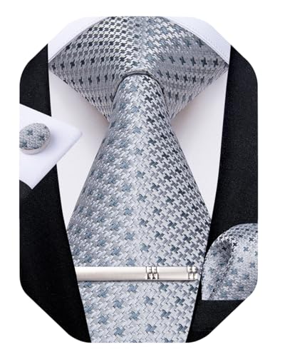 Image of DiBanGu Mens Silk Necktie Solid Color Tie and Pocket Square Cufflink Tie Clip Set Woven Plain Ties for Men Wedding Party