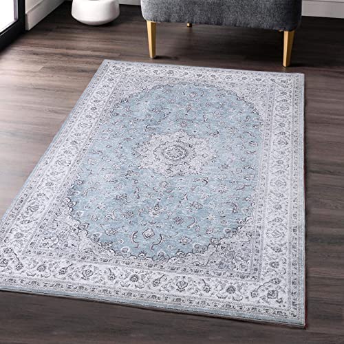 Caromio Area Rug For Living Room, Machine Washable Rug Persian Vintage Area Rug Stain Resistant Low-Pile Non-Slip Distressed Rug For Bedroom Kitchen, 4' X 6' Blue #TOP6