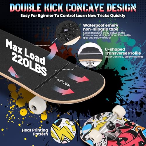 Image of Pro Complete Skateboards for Beginners Girls Boys Kids Youths Teens Adults 31 inchx8 inch Skate Boards 7 Layers Canadian Maple Double Kick Deck Concave Longboard