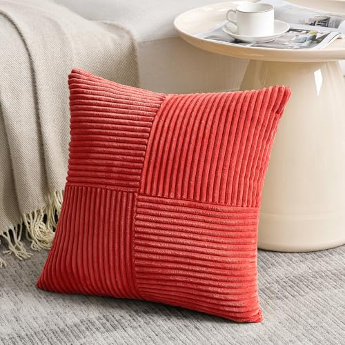 Image of Fancy Homi 2 Packs Red Decorative Throw Pillow Covers 18x18 Inch for Living Room Couch Bed Sofa, Rustic Boho Farmhouse Home Decor, Soft Corss Corduroy Patchwork Textured Square Cushion Case 45x45 cm
