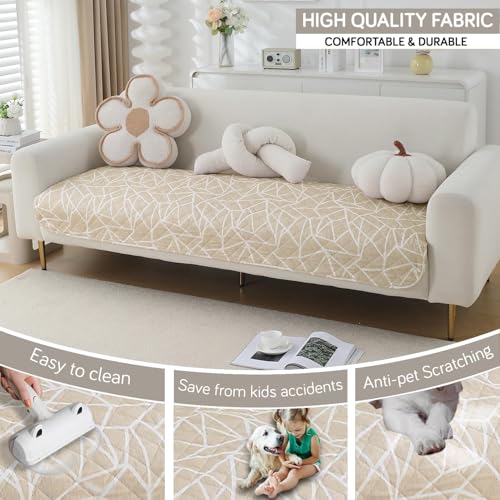 Image of HOKIPO 'Elira Series' Polyester Blend Digitally Printed Water Repellent + Waterproof Sofa Seat Mat for 3 Seater Sofa - Beige Abstract Geometry (NEW-AR-5248-C3*1)
