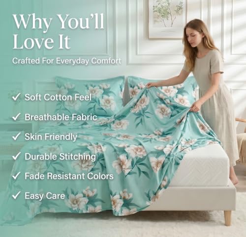 Image of BSB HOME 210 TC Cotton Feel Double Bedsheet with 2 Pillow Covers, Soft & Breathable Floral Printed Bed Sheet, Easy Care Bedding for Bedroom - 86 x 88 Inches (218 x 224 cm) (Sage Mint)