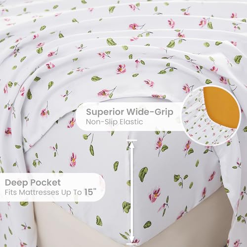 Image of Mooreeke Queen Sheets Set - 4 Pieces Soft Breathable Microfiber Bed Sheet Set - Pink Flower Green Leaf Pattern Sheet Set - Deep Pocket Non-Slip Floral Printed Fitted Sheet Included for All Season