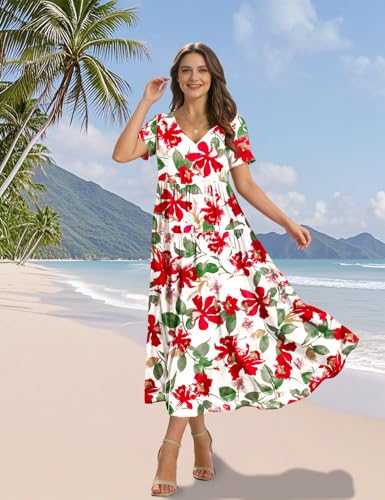Image of YESNO Women's Summer Maxi Dresses Casual Floral Short Sleeve V Neck Boho Beach Vacation Swing Dress with Pockets EVF