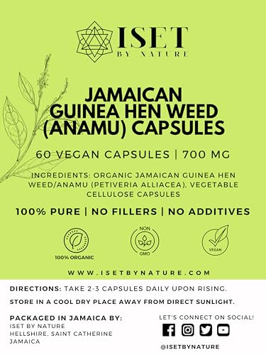 Iset By Nature Anamu Capsules, 1400mg, 100% Pure Jamaican Guinea Hen Weed, Wildcrafted Petiveria Allicea, 60 Vegan Caps, No Fillers, No Additives