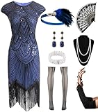 Women's Flapper Dresses 1920s Sequin Fringe Beaded Cocktail Crew Neck Dress Roaring 20s Accessories Vintage Lace Fan Headband Made in China