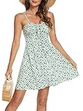 Missufe Spaghetti Strap Floral Mini Dress Women's Casual Ruched Front Drawstring Swing Sundress (White, Small)