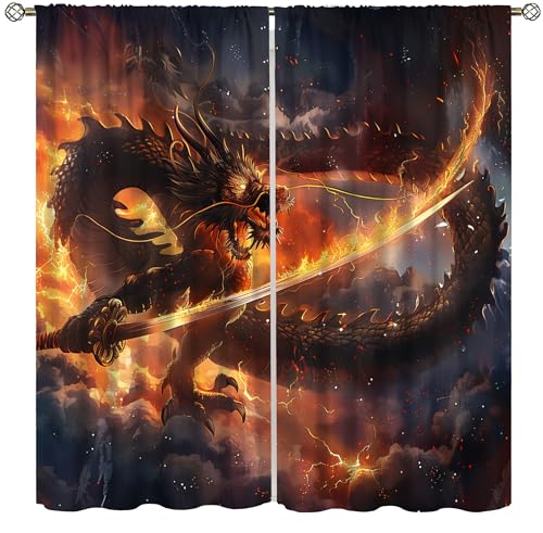 wlsgdsg Dragon Curtains, Mysterious Fierce Asian Japanese Samurai Sword Flaming Dragon Animal Blackout Windows Treatments, Thermal Insulated Drapes for Kids Boys Girls Living Room Bedroom 84x84in