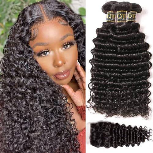 QTHAIR 18A Deep Wave Human Hair Bundles with Closure 4x4