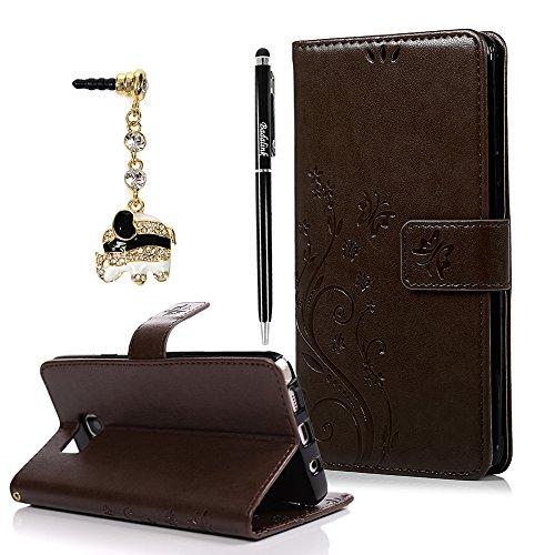 Note 5 Case,Galaxy Note 5 Case - Fashion Wallet Purse 3D Embossed Butterflies Premuim PU Leather Flip Cover Ultra Slim TPU Inner Bumper Hand Strap Magnetic Card Slots Dust Plug by Badalink - Brown
