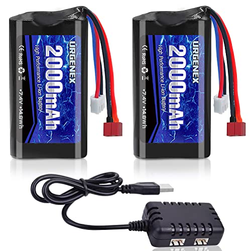 URGENEX 7.4 V Li-ion Battery 2000 mAh 2S Battery with Deans T Plug for RC Cars Boats Trucks with 1 to 2 USB Charger