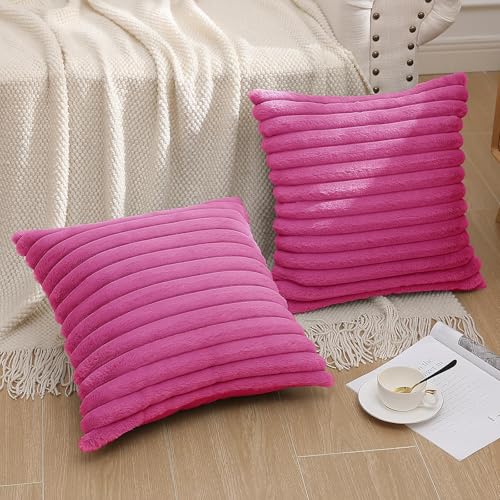 Image of Pallene Faux Fur Plush Throw Pillow Covers 26x26 Set of 2, Luxury Soft Fluffy Striped Decorative Pillow Covers for Sofa, Couch, Living Room, Hot Pink