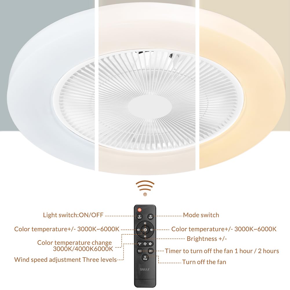 BAKAJI Ventilatore a Soffitto con Luce LED Bianco Caldo Freddo 80W, Tonalità Regolabile, Funzione Timer 1/2/4/8 ore, Telecomando Controllo a Distanza, Diametro 50 cm, Design Moderno, Ultra silenzioso