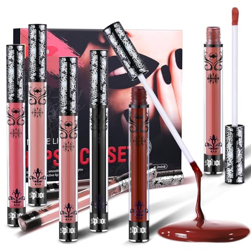 8 Stück Flüssig Lippenstift Set - Nude Pink Rot Schwarzer Matt, Langanhaltend Wasserfest - Non-Stick Cup Velvet Lipgloss Lip Makeup Geschenke für Frauen