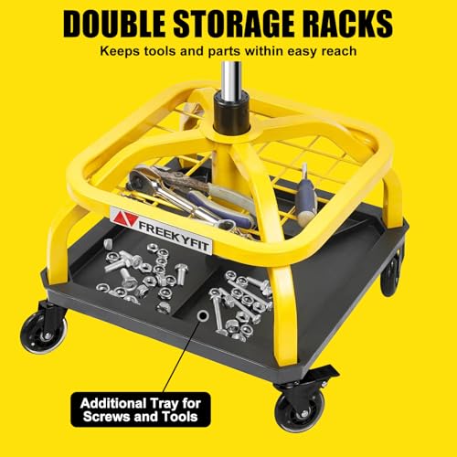 Rolling Shop Stool with Wheels, Garage Work Mechanic Stool with Backrest, Roller Mechanic Chair, Adjustable Height, 360° Swivel, Tool Tray Storage, 330 LBS Capacity, Heavy Duty, Yellow